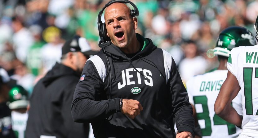 Oct 9, 2022; East Rutherford, New Jersey, USA; New York Jets head coach Robert Saleh celebrates a touchdown run by quarterback Zach Wilson (not pictured) against the Miami Dolphins during the first half at MetLife Stadium. Mandatory Credit: Ed Mulholland-USA TODAY Sports