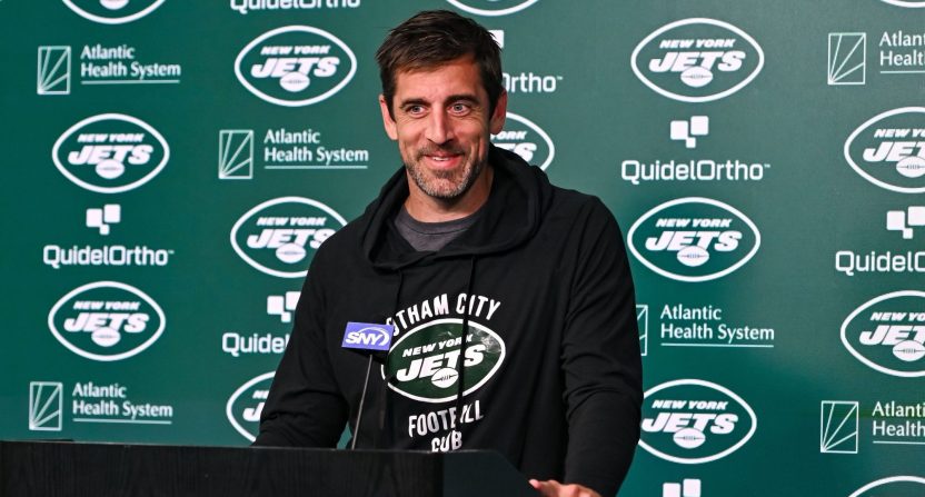 New York Jets quarterback Aaron Rodgers (8) speaks at a press conference after practice at Atlantic Health Jets Training Center. Mandatory Credit: John Jones-USA TODAY Sports