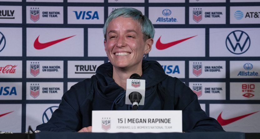United States forward Megan Rapinoe (15) answers questions from journalists during a U.S. soccer press conference amid the 2023 FIFA Women's World Cup.