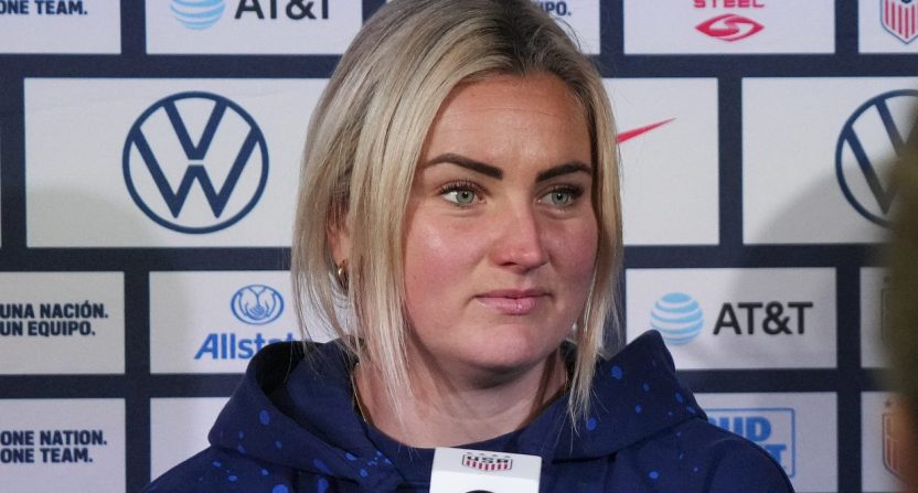 United States midfielder Lindsey Horan (10) takes questions from journalists amid the 2023 FIFA Women's World Cup.