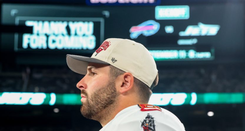 Tampa Bay Buccaneers quarterback Baker Mayfield (6) walks off the field after their game against the New York Jets at MetLife Stadium.