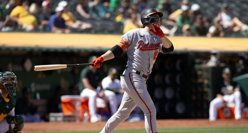 Orioles star Gunnar Henderson sparked debate among baseball fans Sunday, foregoing a cycle for an easy double. Photo Credit: D. Ross Cameron-USA TODAY Sports