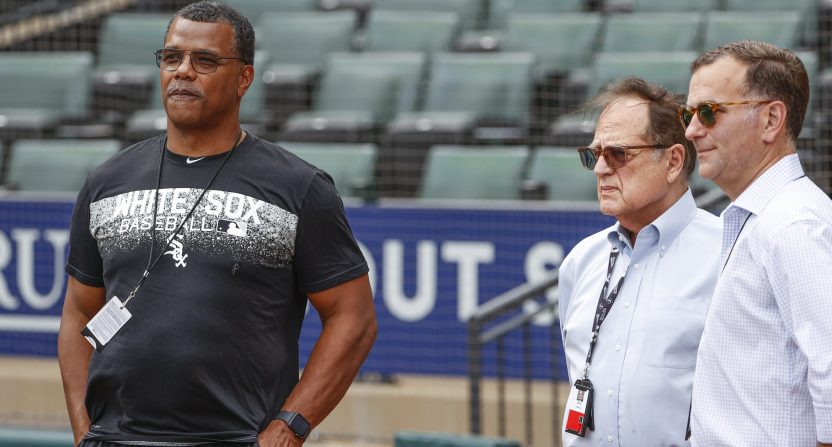 Chicago White Sox executive vice president Ken Williams (L) owner Jerry Reinsdorf (C) and general manager Rick Hahn (R) stand